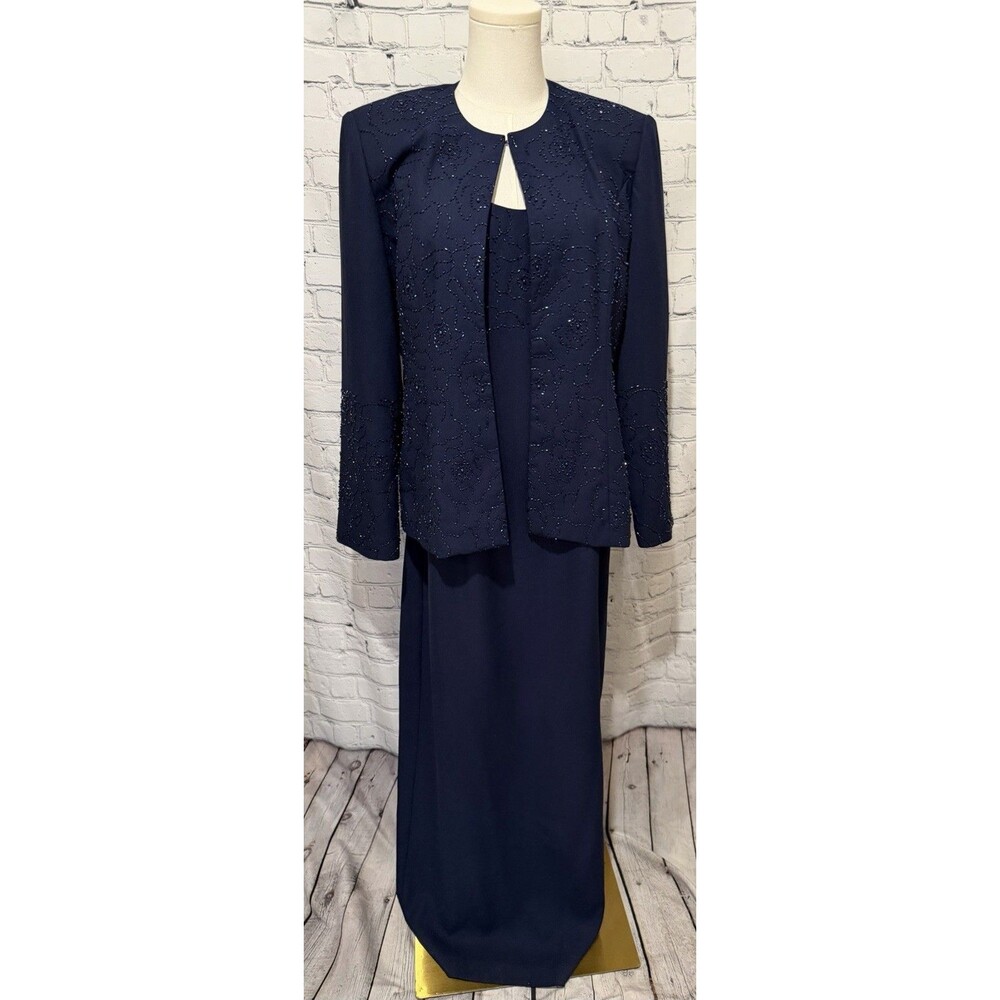 Dusk Navy Blue 2-piece gown paired with intricately beaded matching jacket 12